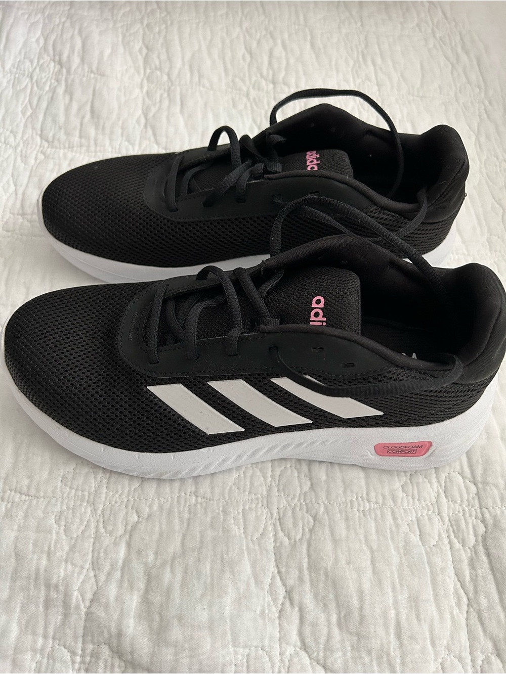 adidas Women’s Black Sneakers with Pink Logo and White Stripes - Picture 4 of 5